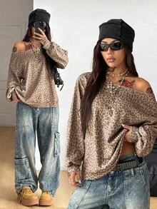 Coolane Women's Fall/Winter Streetwear Casual Vintage Comfortable Knit Leopard  Pattern Oversized Off The Shoulder Asymmetrical Neck  Sweatshirt,Halloween Outfits - Multicolor - View 4
