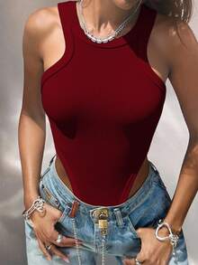 INAWLY 女式紧身衣，无袖，性感，修身 - 酒紅色 - 查看 1