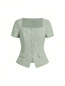 Ellevyn Women's Short Sleeve Single-Breasted Elegant Square Neck Blouse Green - Mint Green - View 7