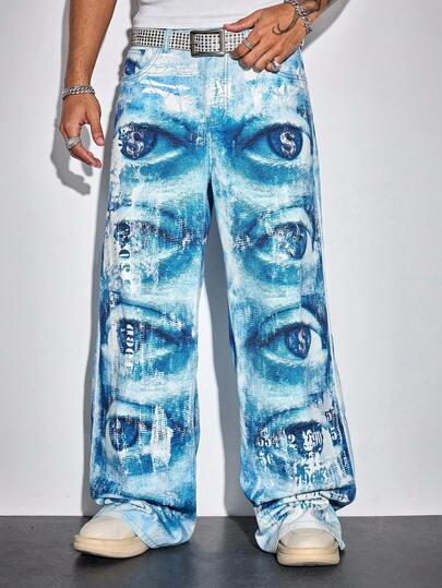 Street Life Jeans décontractés amples pour hommes avec graphique à l'œil, mode de rue