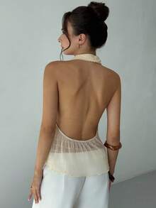 Aloruh Top estivo elegante da donna con scollo all'americana e schiena scoperta, giallo pallido, per brunch e vacanze, stile western boho gyaru, streetwear tropicale per concerti, rave e festival - Albicocca - Visualizzare 3