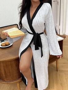 SHEIN Contrast Color Ribbed Long Casual Robe/Loungewear, Fall & Winter - Light Grey - View 5