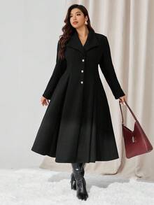 Auralis 秋冬加大码纯色口袋前扣优雅长袖长大衣 - 黑色 - 查看 7