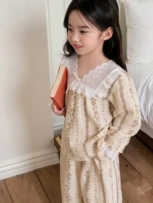 DAZY 女童碎花V领撞色拼接喇叭袖上衣和阔腿裤宽松睡衣套装，秋/春假期 - 杏色 - 查看 4