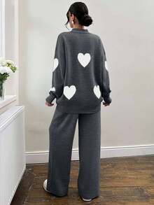 EURMUSE Women Round Neck Drop Shoulder Heart Pattern Sweater And Weater Pant 2 Pieces Outfit Sets Co-Ords - Multicolor - View 2