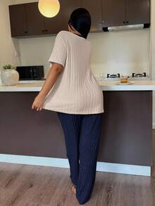 Napfluff CURVE Napfluff CURVE Plus Size Women Knitted Ribbed Bow Embroidered Round Neck Short Sleeve Pants Casual Pajama Set Bow Pjs Bow Pajamas Pajamas Set For Woman - Navy Blue - View 2