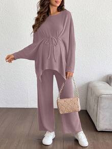 SHEIN 2 piezas Conjunto de top de murciélago y pantalones de unicolor casual de maternidad - Rosa vieja - Ver 3
