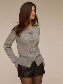 ATUI Studio Gray Vintage 3D Floral Cardigan, Long Sleeve Knitted Sweater Jacket, Fashion, Simple, Versatile, Casual Style, Loose Fit, Women Autumn Outerwear,Cozy Fall And Winter Clothes For Women