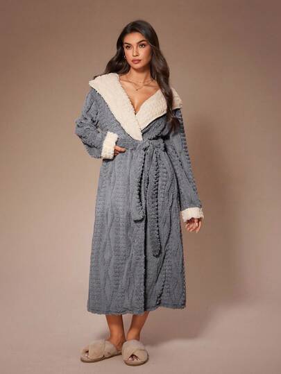  Lazeform Färgblocksmöbel med Huva, Långärmad Fleecebadrock och Bälte för Dam, Höst/Vinter, Mysig Outfit, Fluffig