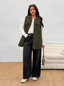 Solflare Military Green Fluffy Plus Size Women Sleeveless Single-Breasted Casual Jacket/ Winter - Army Green - View 4