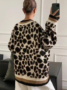 DAZY Áo len cardigan dài tay dáng rộng cổ chữ V họa tiết da báo thường ngày cho nữ mùa thu/đông - Nhiều màu - Xem 5