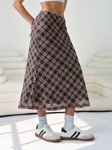 SHEIN EZwear Plus Size Women Plaid A-Line Skirt, Casual & Office Wear