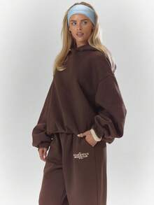 MUSERA 印花连帽衫运动服上衣，舒适套头衫，可爱休闲，适合咖啡俱乐部冬季假期穿着 - 棕色 - 查看 5