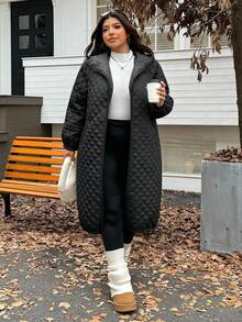 SHEIN EZwear Plus Size Women's Quilted Casual Jacket With Pockets,Black Raglan Sleeve Long Winter Clothes,Suitable For Autumn/Winter Hiking Streetwear Coats - Black - View 3