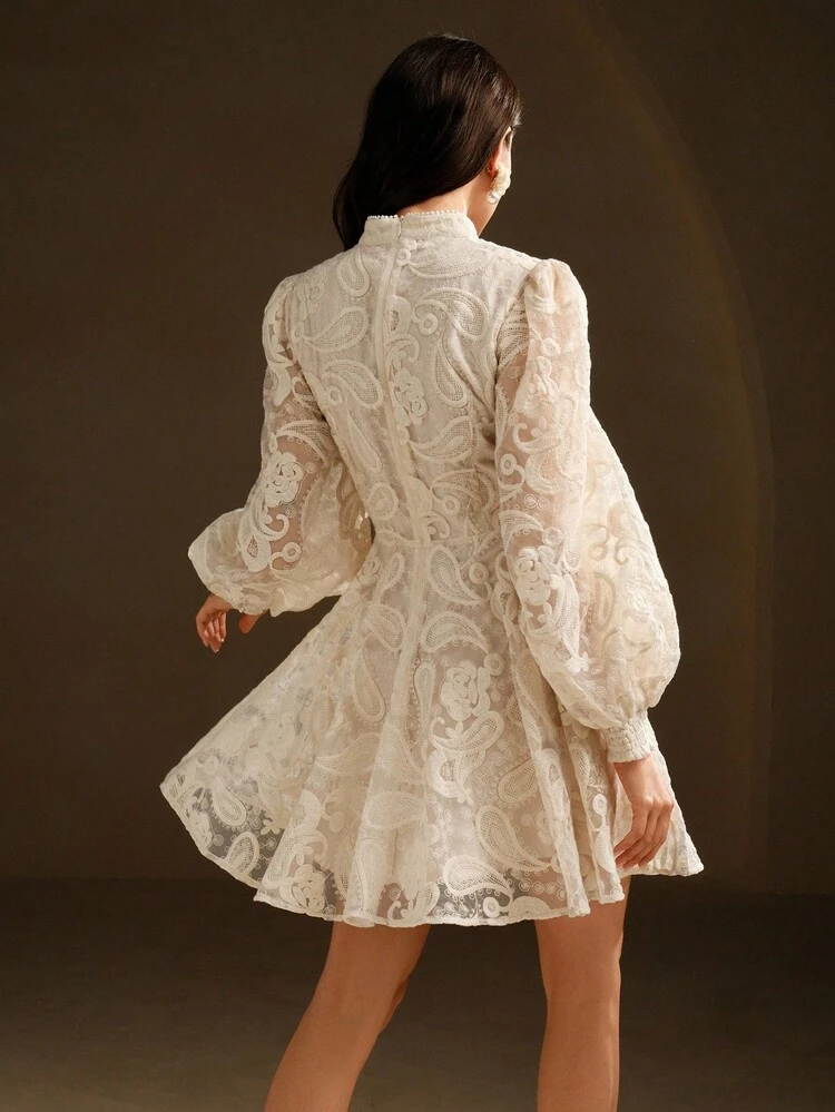 Women's Spring/Summer Elegant Long Sleeve Dress With Stand Collar, Lantern Sleeves, Waist Cinching, Mesh Fabric, 3D Floral Embroidery, Suitable For Birthday Party, Wedding, Gathering