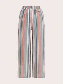 SHEIN Essnce 3pcs Plus Size Women Casual Waist Tie Pockets Straight Leg Pants Set, Suitable For Summer, Striped Fabric, Cool Wear, Easy Comfort, Casual Wear, Boho