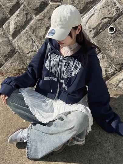 FRIFUL Sudadera con capucha casual holgada con forro térmico y estampado de letras oversize en azul marino para mujer, sudaderas de otoño