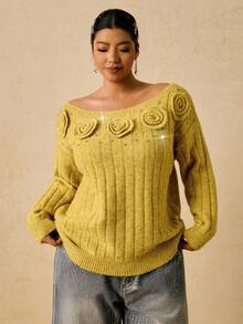Travachic Plus Size Elegant 3D Floral Rhinestone Decor Cold Shoulder Sweater Autumn Winter - Yellow - View 5