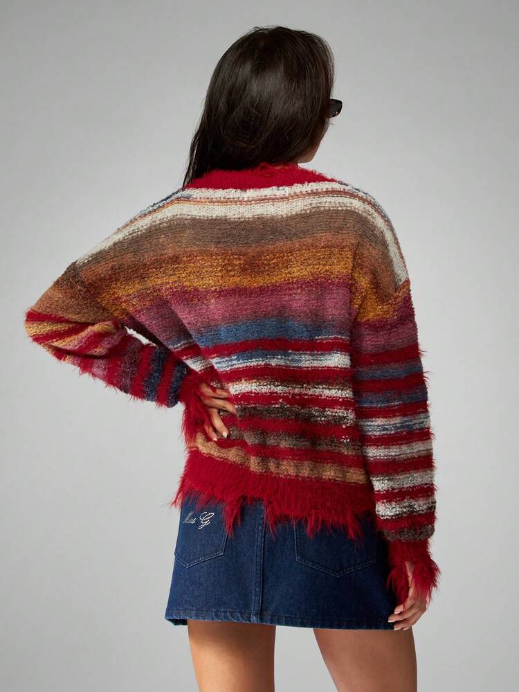 MISSGUIDED Fuzzy Knit Oversized Sweater Multi Striped Pattern Fringe Hem Detail Fall Winter Turtleneck Long Sleeve Chunky Holiday Casual Pullover Jumper