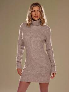 SHEIN BAE Lässiges einfarbiges Rollkragen-Strickkleid, Herbst/Winter - Grau - Übersicht 4