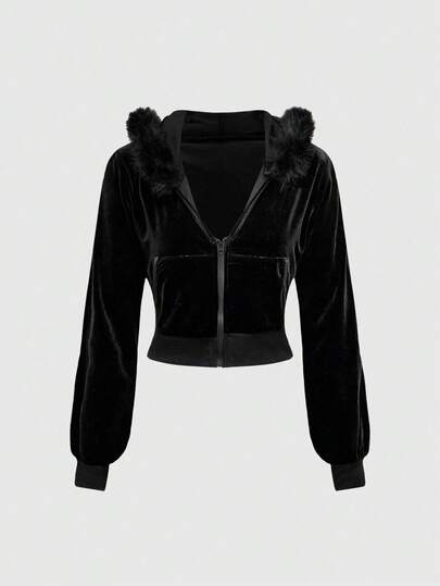 Grunge Punk Y2K Gyaru Baddie Velvet Cropped Hoodie And Low Rise Flare Pants Set For Women