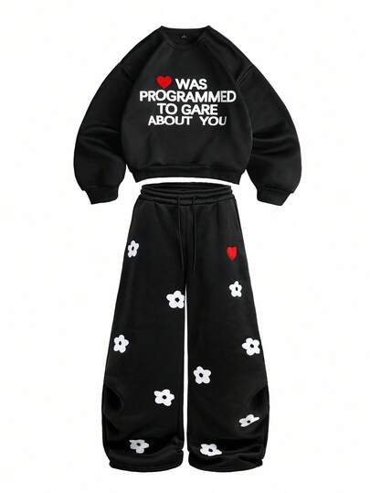 Manfinity EMRG 2 件套男士花卉 3D 刺绣 Y2K 风格宽松套头运动衫和运动裤，秋冬装