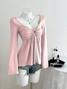 Elamini Women's Casual Twist Front V-Neck Long Sleeve T-Shirt, Versatile New Style, Spring/Autumn - Pink - View 3