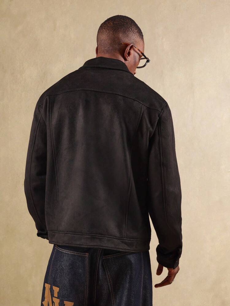 Black Suede Trucker Jacket With Metal Button Closure