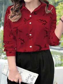 EMERY ROSE Plus Size Women Casual Beige Printed Long Sleeve Shirt Fall - Red - View 7
