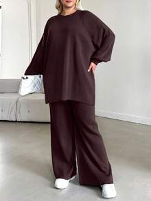 EURMUSE Plus Size Women Solid Color Raglan Sleeve Lantern Sleeve Sweater & Knitted Pants Casual Suit - Coklat - View 6