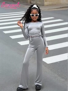 SHEIN Explorewe 青少年女孩纯色圆领长袖蝴蝶结装饰T恤和喇叭裤套装