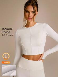 GLOWMODE FeatherFit™-Warm Seam Dream Soft Stretchy Thumbholes Front Back Seam Detailing Cropped Crewneck Long-Sleeve Autumn Winter Daily Casual - White - View 1