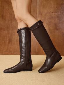 MOTF 女式复古方头PU皮革中筒靴 - 棕色 - 查看 5