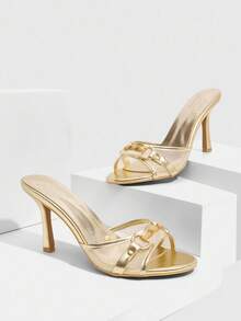 CUCCOO SZL Mules de tacón alto con puntera puntiaguda, de estilo sexy y elegante, con parches de malla metálica dorada y hebilla de hueso dorada