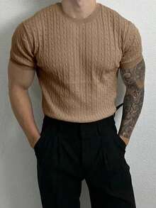 Manfinity Homme Men's Casual Everyday Commute Simple Solid Color Short Sleeve Cable Knit Sweater, Autumn - Camel - View 4