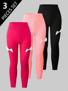 3件套女童休闲纯色针织打底裤，粉色、玫红色和黑色，夏季 - 彩色 - 查看 1