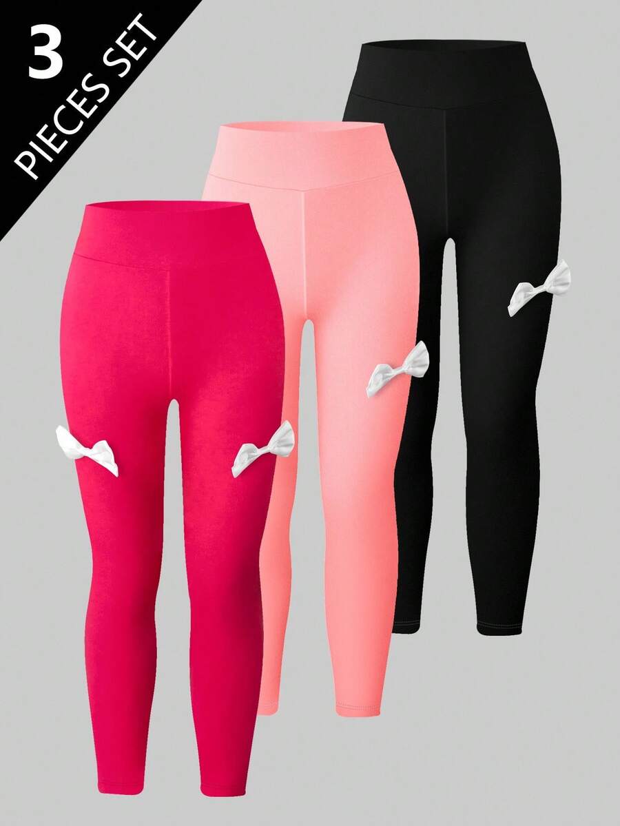 3件套女童休闲纯色针织打底裤，粉色、玫红色和黑色，夏季 - 彩色 - 查看 1