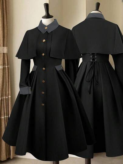 Sweetra Plus Size Color Block Stand Collar Patchwork Cinched Waist Long Sleeve A-Line Autumn/Winter Jacket