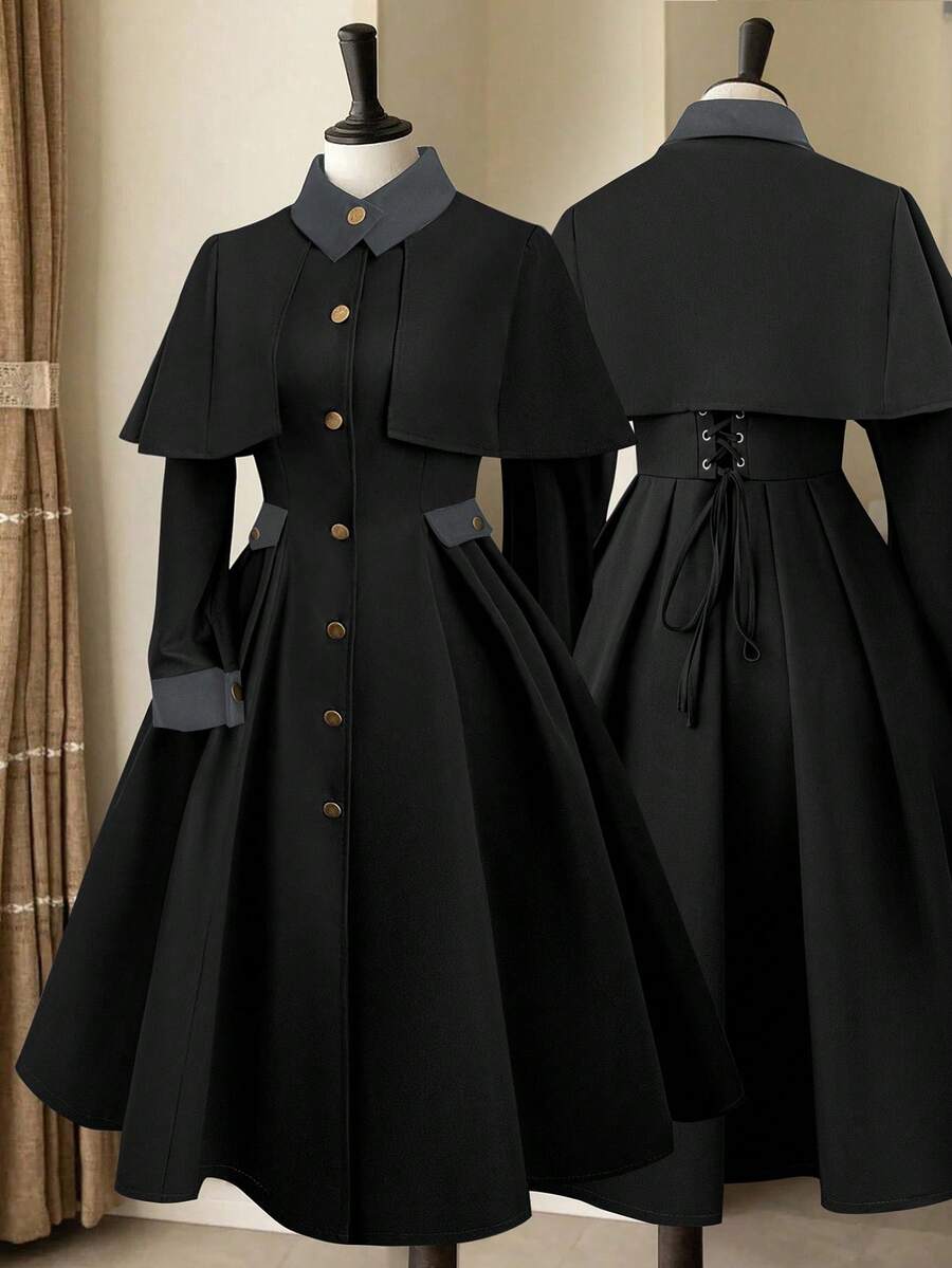 Sweetra 大码拼色立领拼接收腰长袖A字秋冬夹克 - 黑色 - 查看 1