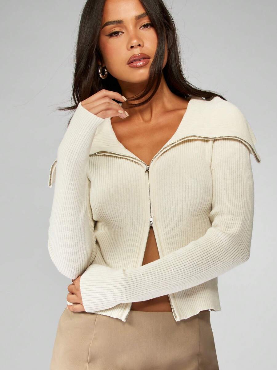 MISSGUIDED Ribbed Knit Zip Front Cardigan Long Sleeve Winter Sweater High Neck Collar Fitted Crop Length Fashion Knitwear - Apricot - View 1