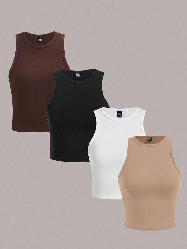 SHEIN Essnce Set de 4 camisetas de tirantes cortas y ajustadas de unicolor, versátiles para uso casual, en capas, al aire libre y en el hogar, adecuadas para primavera/verano