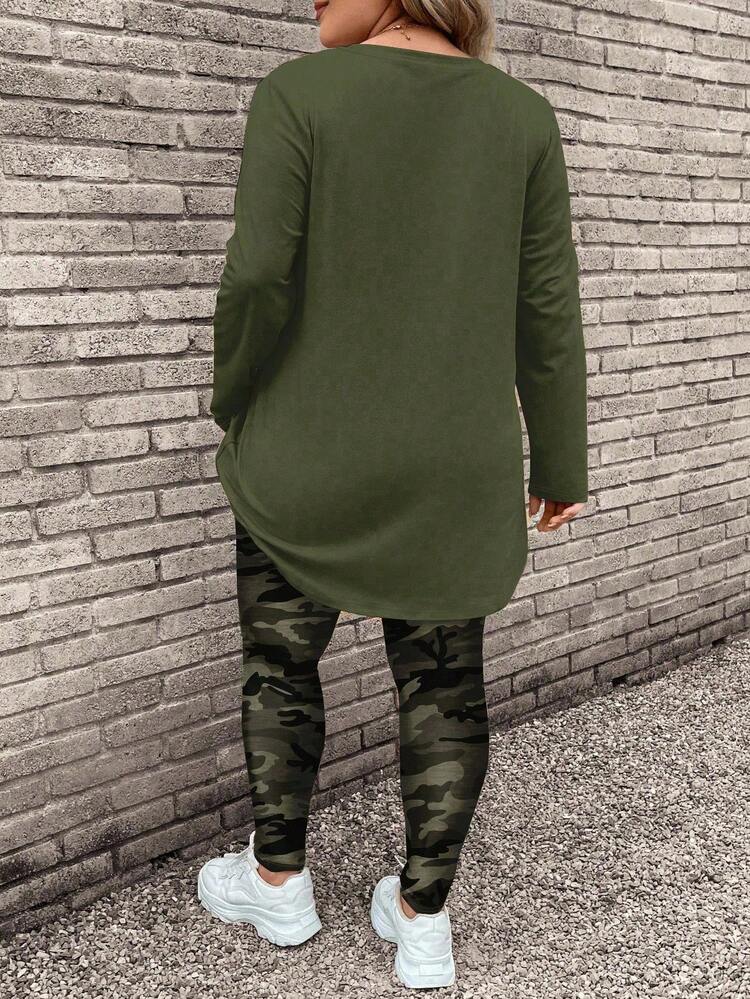 2個セット レディース カモフラージュ柄 長袖Tシャツ&ヨガパンツ プラスサイズ 秋冬向け