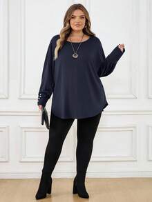 SHEIN CURVE+ Plus Size Women Green Loose T-Shirt, Autumnfall Clothes For Women,Winter,CURVE PLUS - Navy Blue - View 8