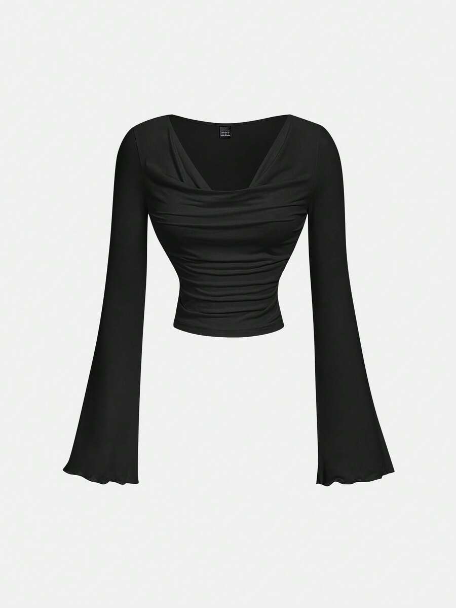 SHEIN MOD Elegant Commuter Flared Sleeve Black T-Shirt,Black Top - Black - View 1