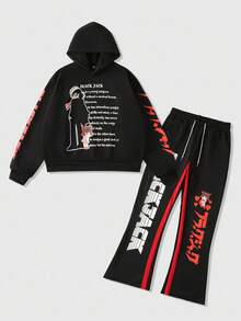 ROMWE MEN Black Jack X ROMWE Conjunto de sudadera con capucha y pantalones holgados con gráfico de eslogan para hombres en otoño - Negro - Ver 1