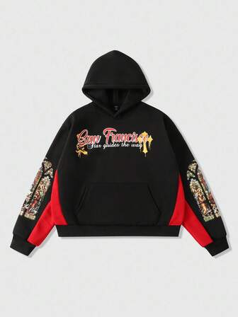 Street Life Sudadera con capucha casual de hombre con estampado de personajes religiosos, patchwork y contraste de colores, para otoño