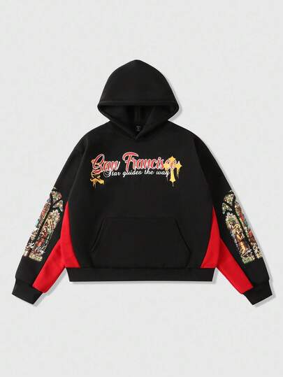 Street Life Felpa con cappuccio casual da uomo con stampa di personaggi religiosi, patchwork e colori a contrasto, adatta per l'autunno