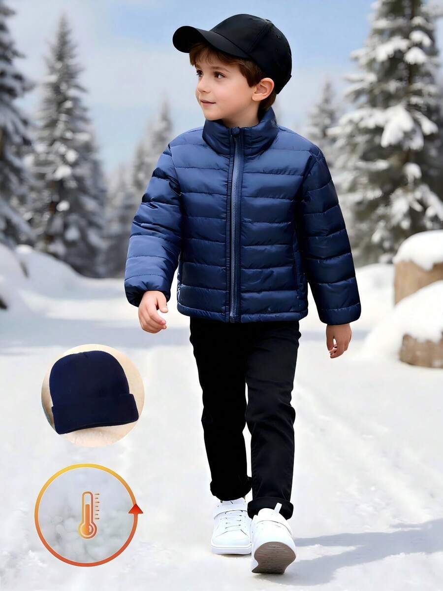 Young Boy High Collar Solid Color Zip-Up Long Sleeve Quilted Hooded Padded Coat Fall Winter - Navy Blue - View 1