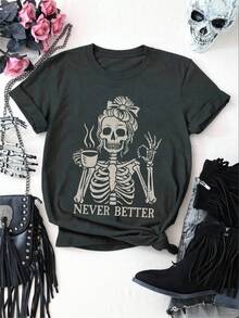 EMERY ROSE Coffee Skull Girl Letter Slogan Round Neck Short Sleeve Fashionable Plus Size Women T-Shirt - Dark Grey - View 3