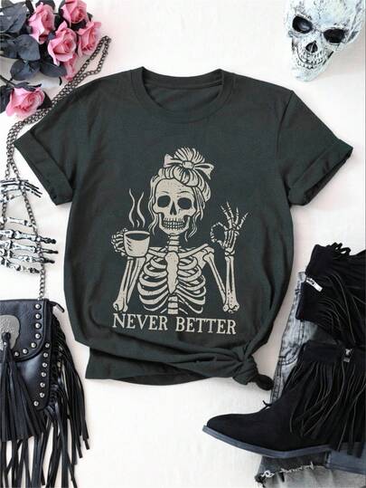 EMERY ROSE Coffee Skull Girl Letter Slogan Round Neck Short Sleeve Fashionable Plus Size Women T-Shirt